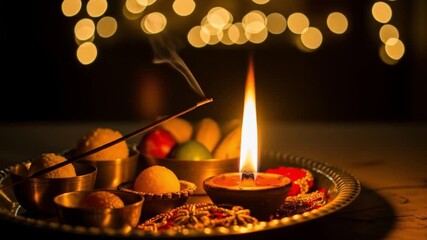 Diwali puja thali depicts traditional offerings beautifully arranged for celebration. Perfect for holiday banners, greeting cards, cultural event promotions. - Powered by Adobe