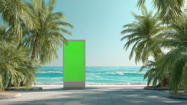 Green Screen Billboard on Tropical Beach: Perfect for Advertising Mockups and Summer Promotions