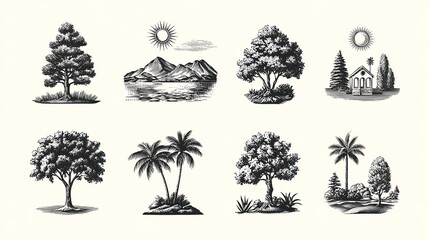 Obraz premium Collection of Engraved Trees, Landscapes, and Architectural Elements