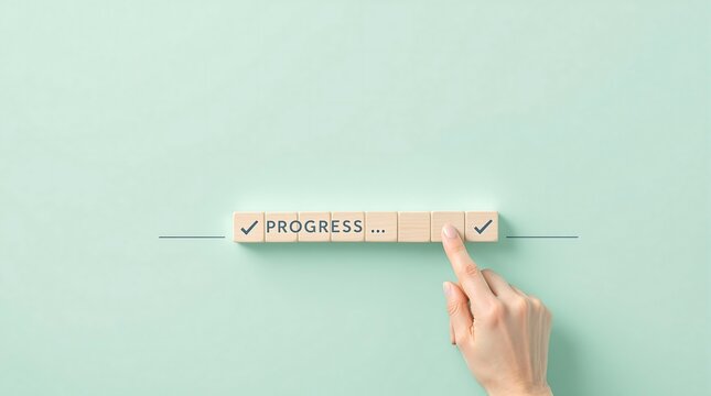 Progress management concept with wooden blocks and check marks for business strategy