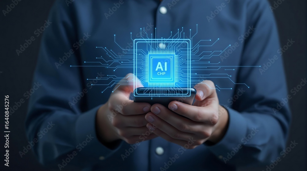 Poster ai chip technology on smartphone concept of artificial intelligence and machine learning