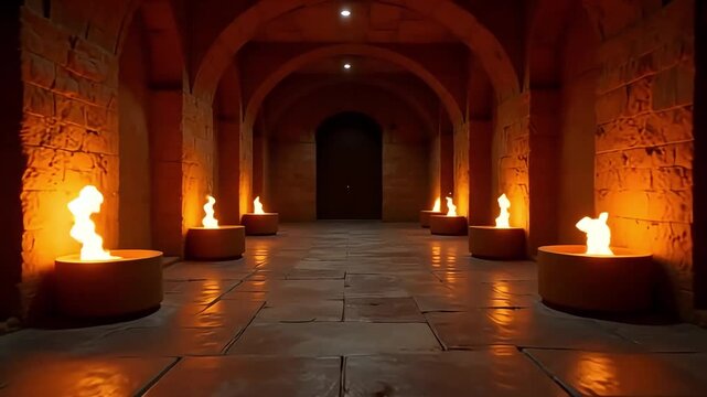 Stone hallway with fire torches medieval castle dungeon architecture