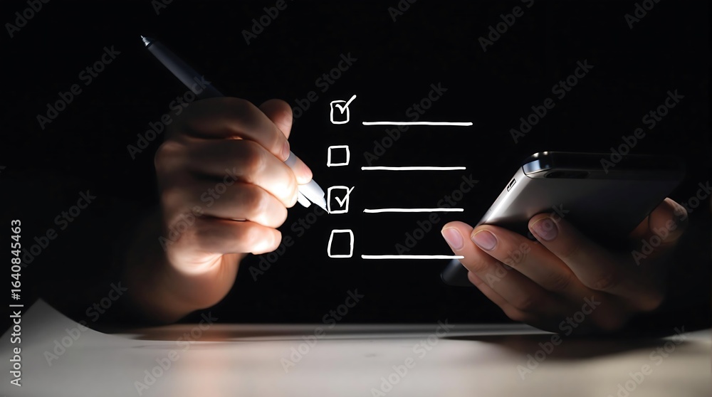 Poster completing checklist on phone, digital to do list, task management, mobile productivity app