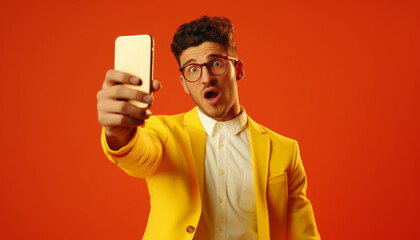 Man in a bright yellow suit taking a selfie with a smartphone against a vivid orange background
