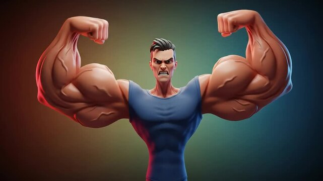 Powerful cartoon bodybuilder flexing muscles with intense expression