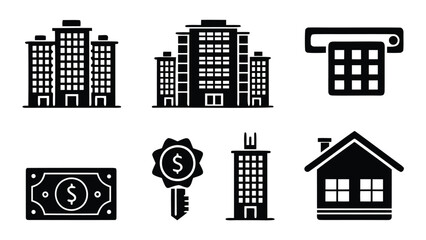 Illustration showing buildings atm money key and house representing real estate and finance icons