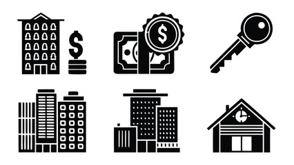 Illustration of real estate elements including buildings money and a key in black and white style