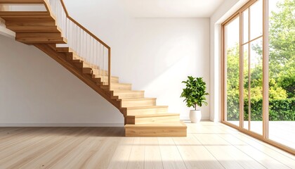 Fototapeta premium Sunlit room with wooden staircase and large window showcasing lush greenery