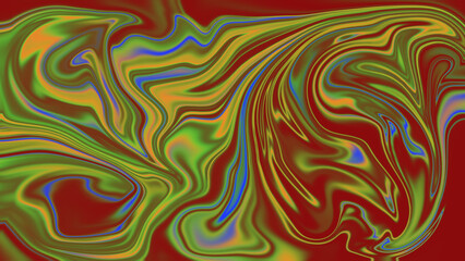 Red background with swirling green yellow and blue liquid patterns
