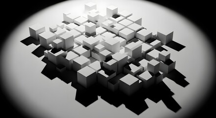Abstract arrangement of white cubes casting shadows under bright studio lighting on a white surface