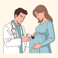 Doctor using Doppler to check fetal heartbeat of pregnant woman.