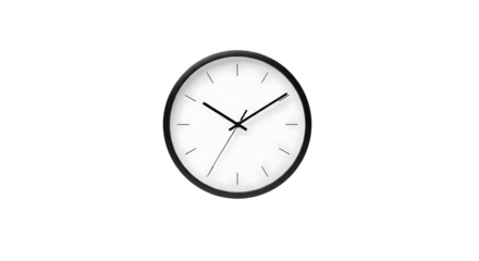 Modern minimalist clock face with sleek black frame and crisp white dial, perfect for time management and productivity concepts.