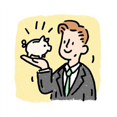 Obraz premium Happy Businessman Shows Piggy Bank, Saving Money, Financial Success, Secure Future, Investment Growth, Prosperity Concept