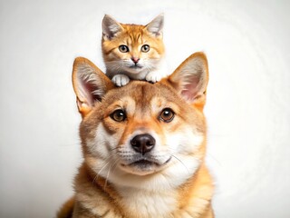 Fototapeta premium Adorable ginger kitten sitting on the head of a shiba inu dog isolated on white background