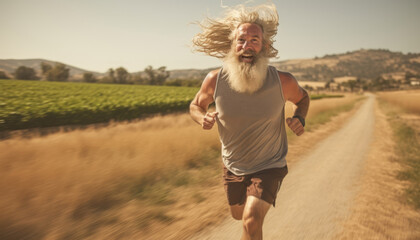 Elderly man with long hair joyfully running on a dirt road through a sunny rural landscape surrounded by fields