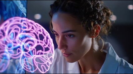 Female scientist analyzes brain scan data in modern laboratory setting - Powered by Adobe