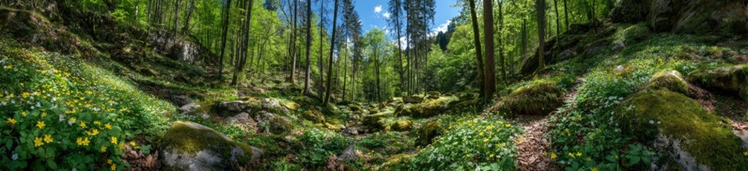 Lush forest floor with wildflowers and sunlight