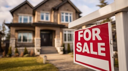 Fototapeta premium Real Estate: Home for Sale Sign in Front of Suburban House, Investment Opportunity