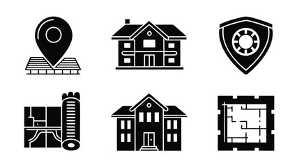 Illustration showing a house location pin, house, security shield, map, building and floor plan icon set