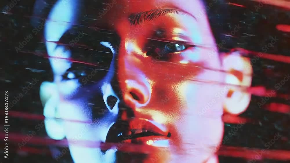 Poster glitching face emerging from colorful digital interference