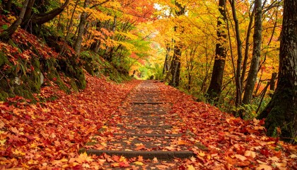 Fototapeta premium Autumn's Golden Path: A Forest Trail Ablaze with Fall Colors, A Symphony of Reds and Golds: Discover the Tranquility of a Forest Trail in Autumn