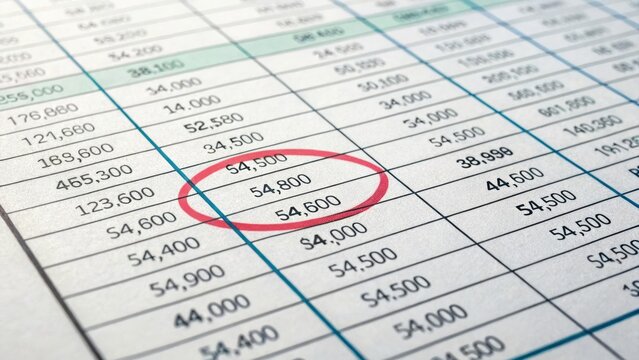 personal finance insurance control  concept Data table with highlighted figures in a spreadsheet format.