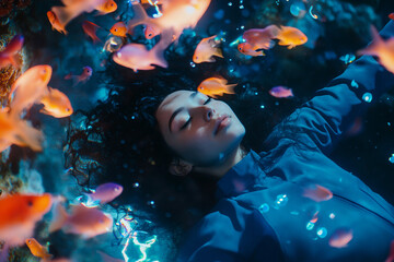 Man woman person scuba diving underwater surrounded by colorful tropical fish in sunlight rays marine exploration generative ai