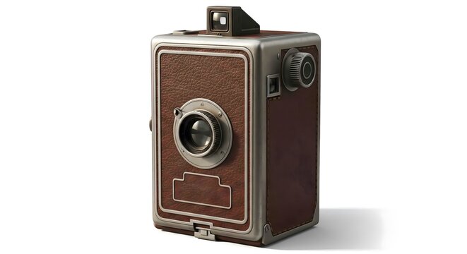 "Vintage box camera with brown leather texture on white background"

