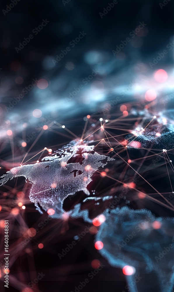 Poster digital world map with interconnected networks and glowing nodes