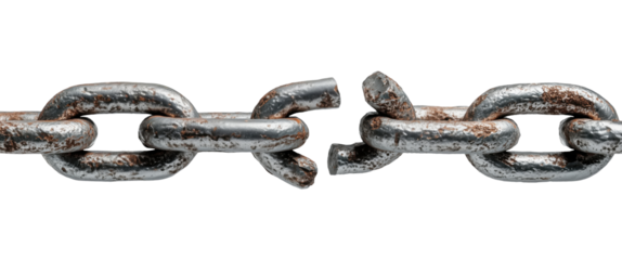 Metal chain with one broken link isolated on transparent background