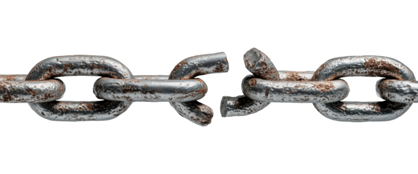 Metal chain with one broken link isolated on transparent background