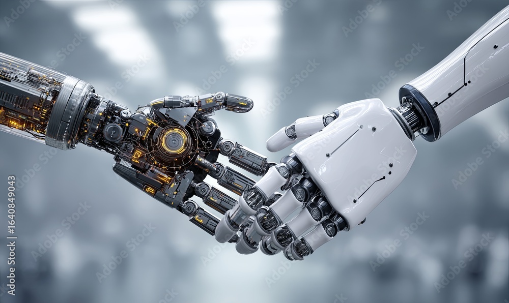 Poster robots shaking hands to signify collaboration in technology