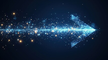 Light beam arrow with glowing data points, dark blue network connectivity concept for digital transformation and tech progress