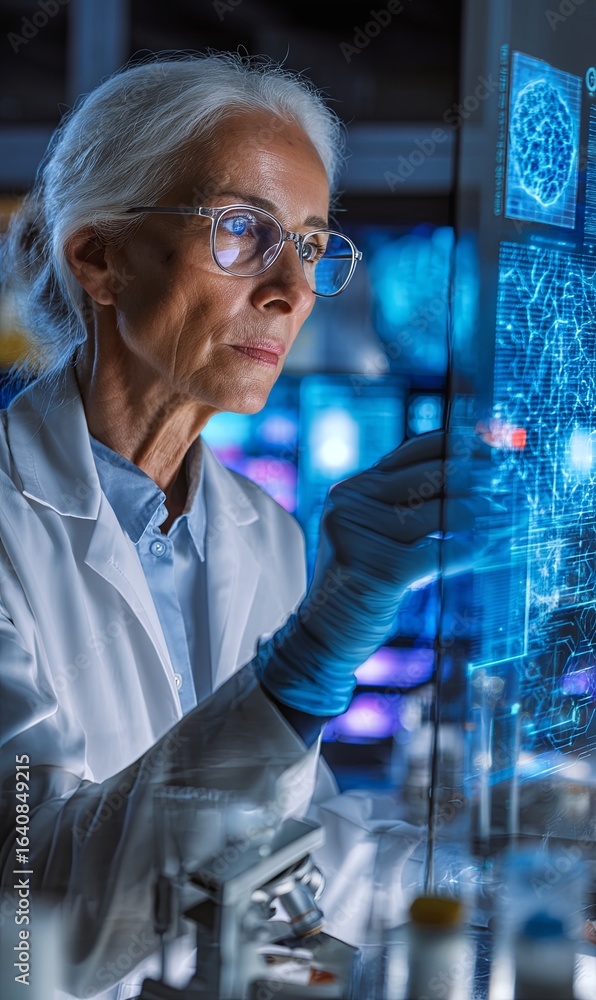 Poster senior scientist analyzing data in a modern laboratory setting