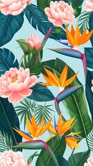 Tropical floral pattern with vibrant flowers and leaves