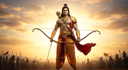 Warrior with bow and arrow facing army at sunset Rama