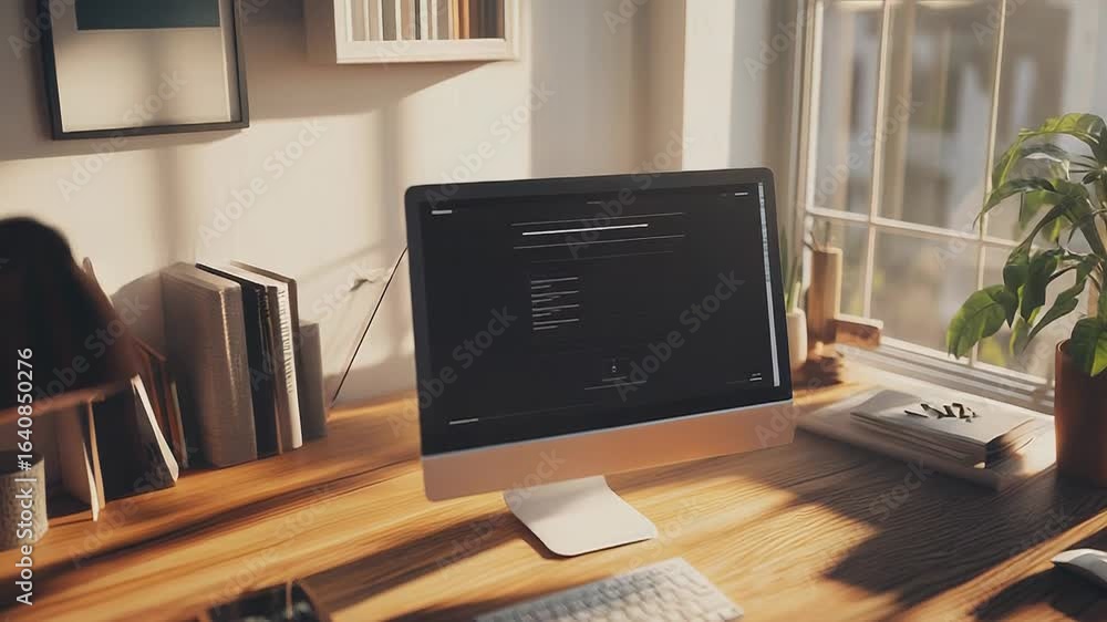 Poster modern home office workspace with computer and window view