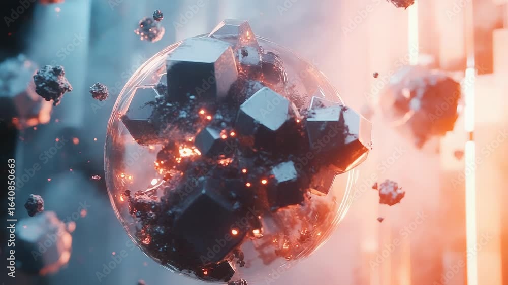 Wall mural metallic cubes exploding inside glass sphere in futuristic environment