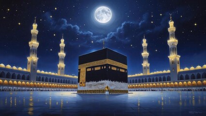 Sacred Kaaba in Mecca illuminated by a full moon under a starry night sky © Saleem