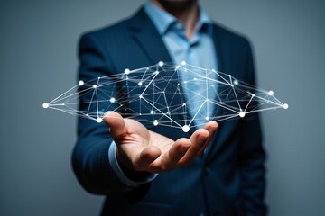 Businessman holding digital network connection technology in hand concept idea