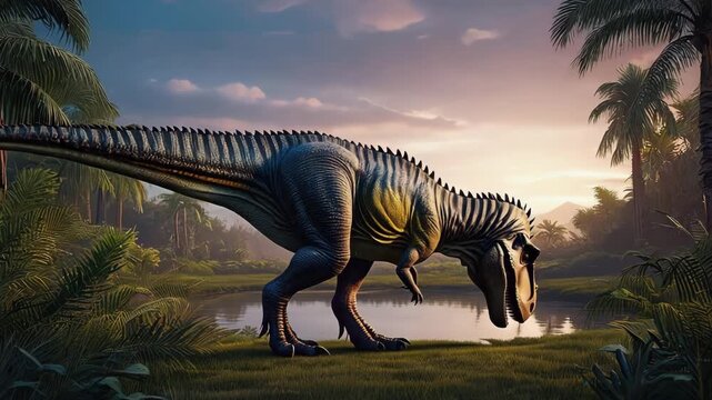 tyrannosaurus inn the jungle drink in the pond drin at sunset