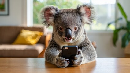 Cute koala bear using smartphone at home adorable wildlife animal photography shot