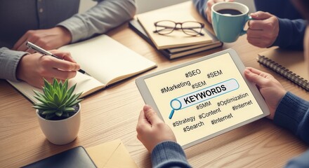 Team Brainstorming Keywords and SEO Strategy on a Digital Tablet for Online Marketing Success