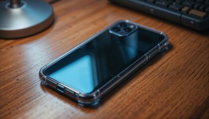 iPhone in Clear Case on Wooden Desk - Minimalism