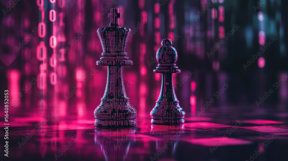 Poster chess pieces king and pawn, digital binary code background.