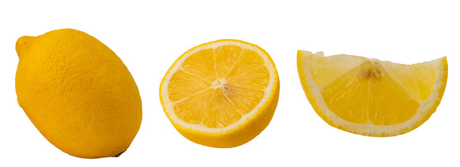 fresh lemons, whole, slice, and wedge on white background