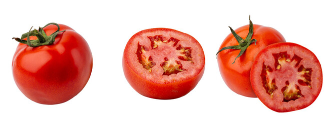fresh tomatoes, whole and cut, isolated on white background