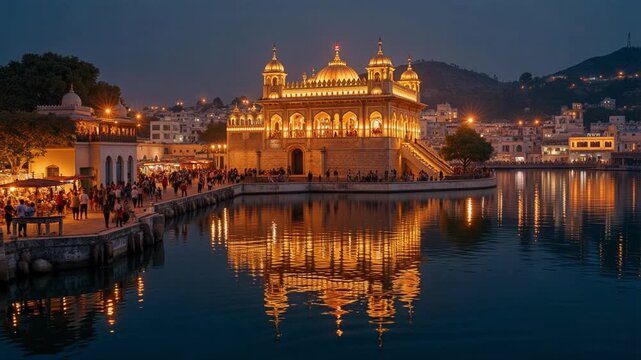 Stunning aerial view of Jagatpita Brahma Temple and Pushkar Lake at night, vibrant lights reflecting on serene water, lively ghats below, 4K
