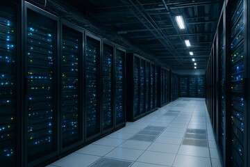 Modern data center interior with rows of black server racks illuminated by blue and green LED indicators, clean white raised flooring, and overhead cable trays