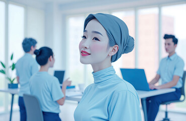 Obraz premium Woman wearing a hijab smiling in a modern office with colleagues working on laptops in the background